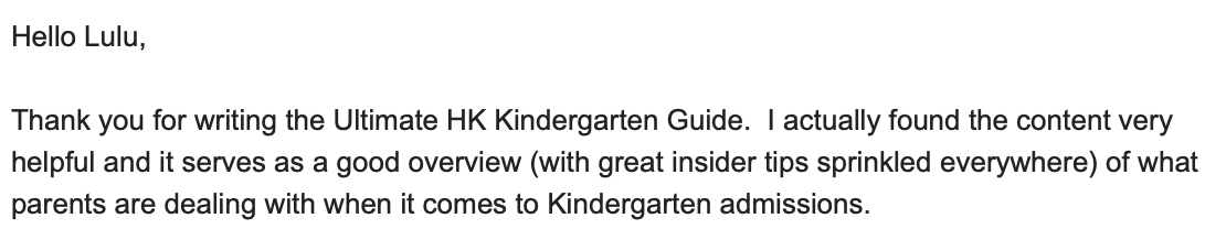 Email from an HK parent thanking Lulu for The Ultimate HK Kindergarten Playbook and its insider tips