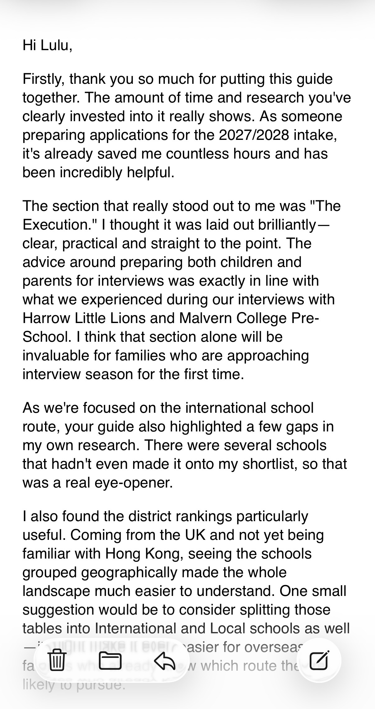 Email from a UK expat parent preparing for the 2027/28 intake, praising The Ultimate HK Kindergarten Playbook — especially the interview prep and district rankings
